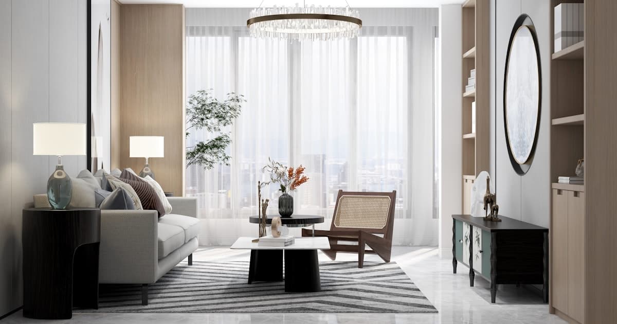 Bright modern apartment interior with stylish decor and warm lighting